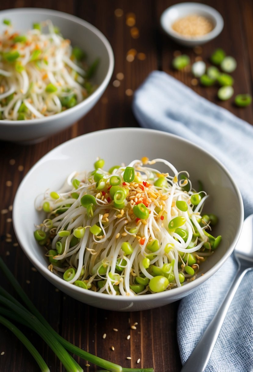 A bowl of sesame bean sprout salad with fresh sprouts, sesame seeds, and a light dressing, garnished with sliced green onions and red chili flakes