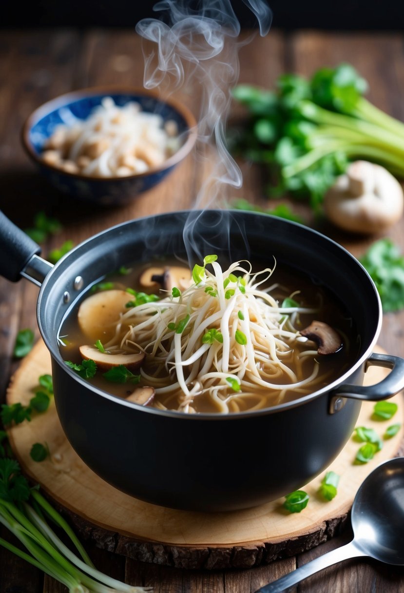 A steaming pot of bean sprout and mushroom soup on a rustic wooden table, surrounded by fresh ingredients and a ladle