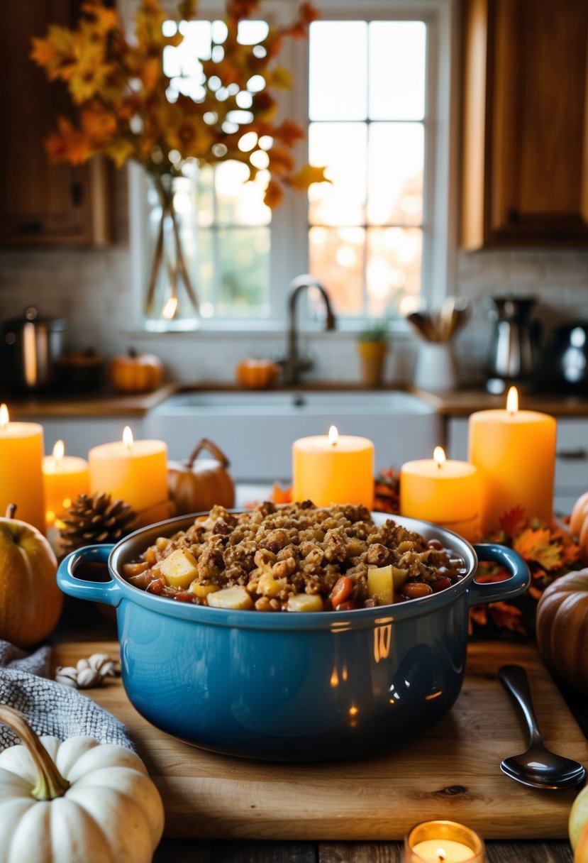 A cozy kitchen with a bubbling apple crisp bean pot surrounded by autumn decor and warm candlelight