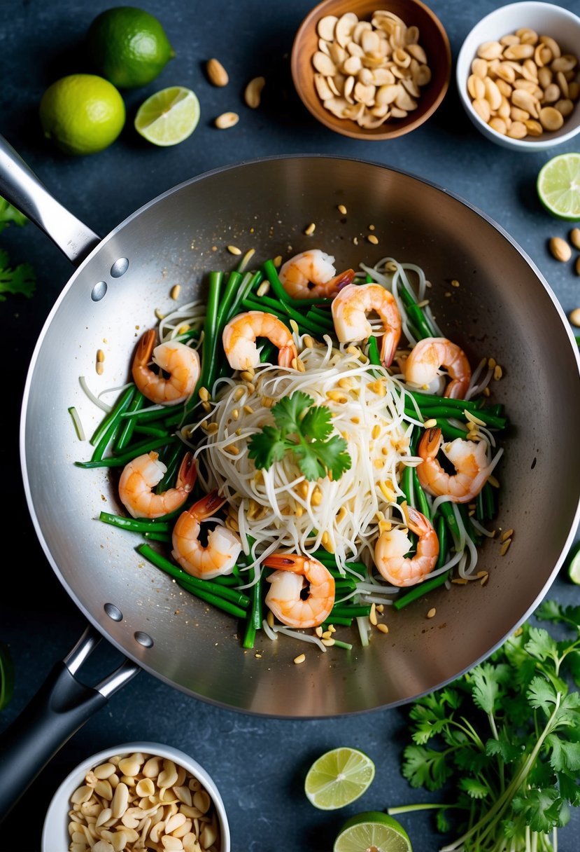 A wok sizzling with bean sprouts, shrimp, and rice noodles, surrounded by fresh ingredients like lime, peanuts, and cilantro