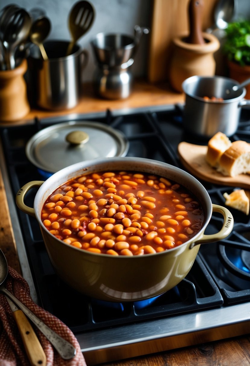 A vintage bean pot filled with Boston Baked Beans simmering on a stovetop, surrounded by rustic kitchen utensils and a warm, inviting atmosphere