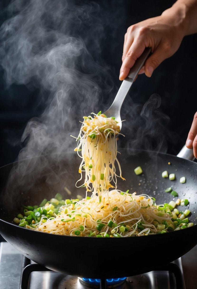 Bean sprouts and green onions sizzling in a wok, steam rising, as a chef tosses them with a metal spatula