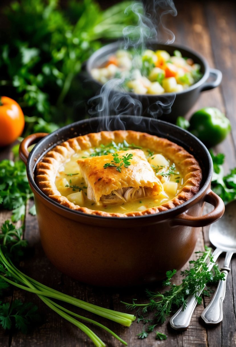 A rustic bean pot filled with steaming chicken pot pie, surrounded by fresh vegetables and herbs on a wooden table