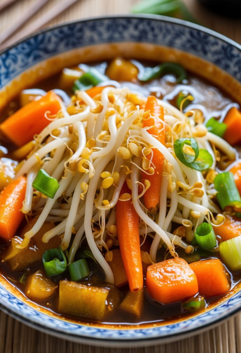 A colorful array of bean sprouts, carrots, and green onions sizzling in a spicy Korean sauce in a traditional ceramic dish