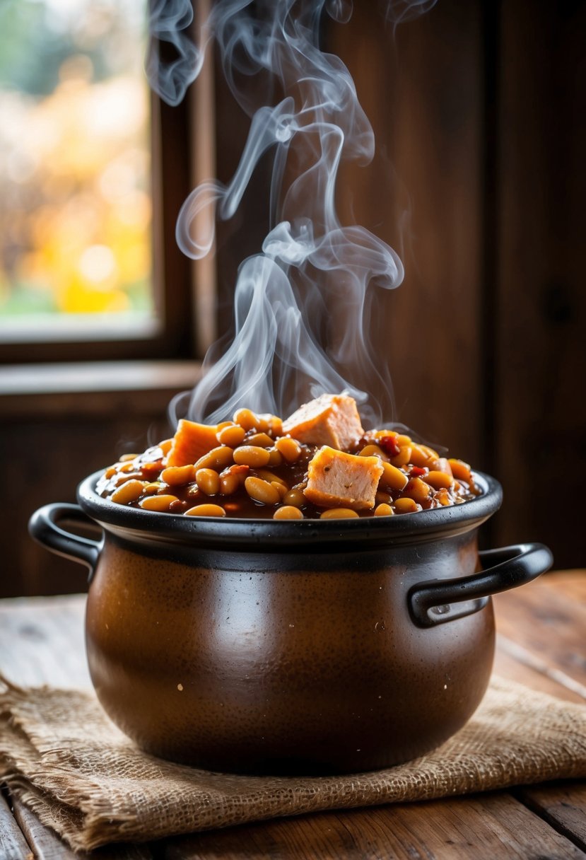 A rustic bean pot sits on a wooden table, filled with molasses baked beans and chunks of salt pork, steam rising from the bubbling mixture