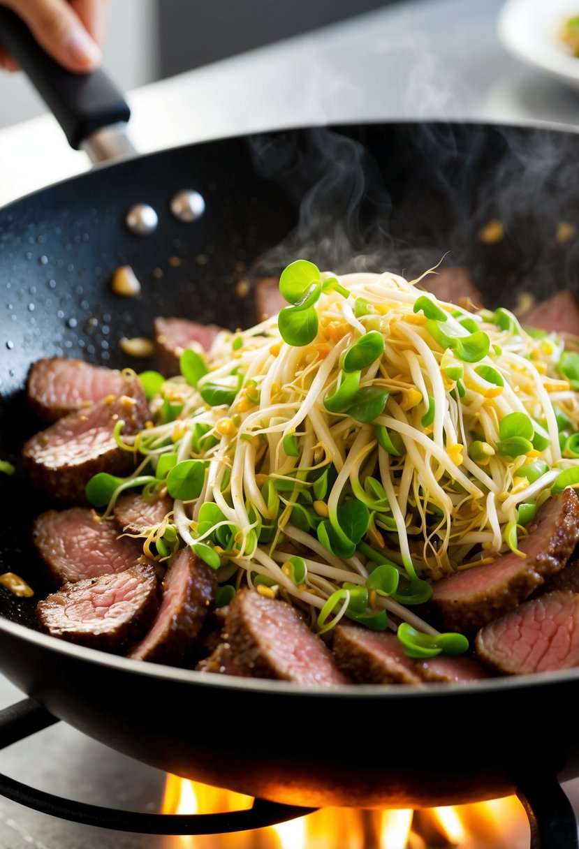 A sizzling wok of bean sprouts and beef stir-fry, with vibrant green sprouts and tender slices of beef cooking together over a high flame