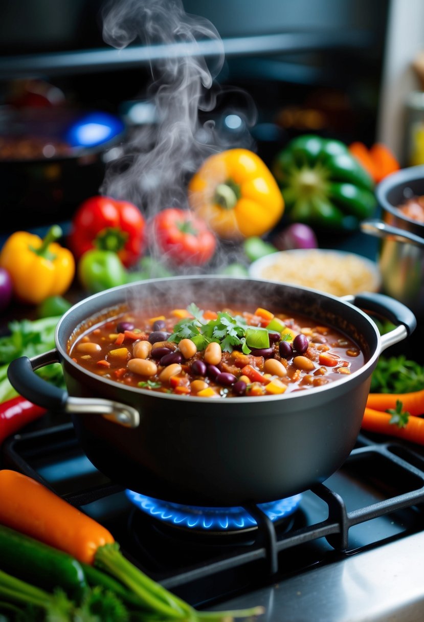 A steaming pot of vegetarian three bean chili simmering on a stovetop, surrounded by colorful vegetables and spices