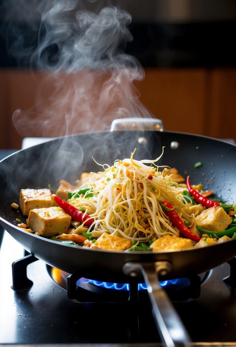 A sizzling wok stir-fries bean sprouts, tofu, and red chilies. The steam rises as the vibrant colors and textures come together in the pan