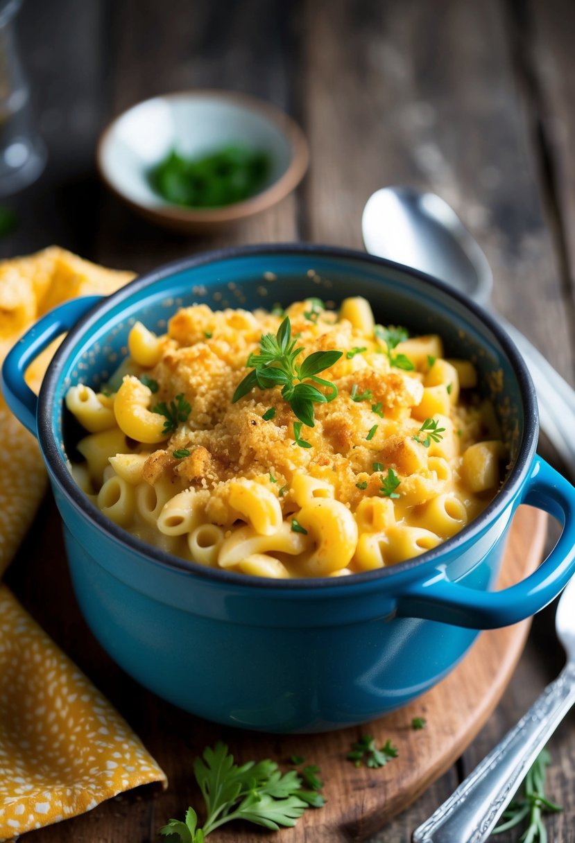 A rustic bean pot filled with creamy mac and cheese, topped with golden breadcrumbs and fresh herbs