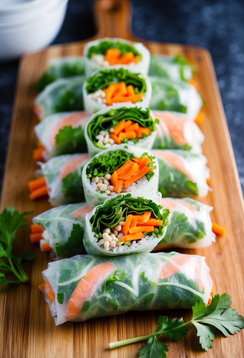 A colorful array of fresh spring rolls filled with bean sprouts, carrots, and herbs, arranged on a wooden cutting board