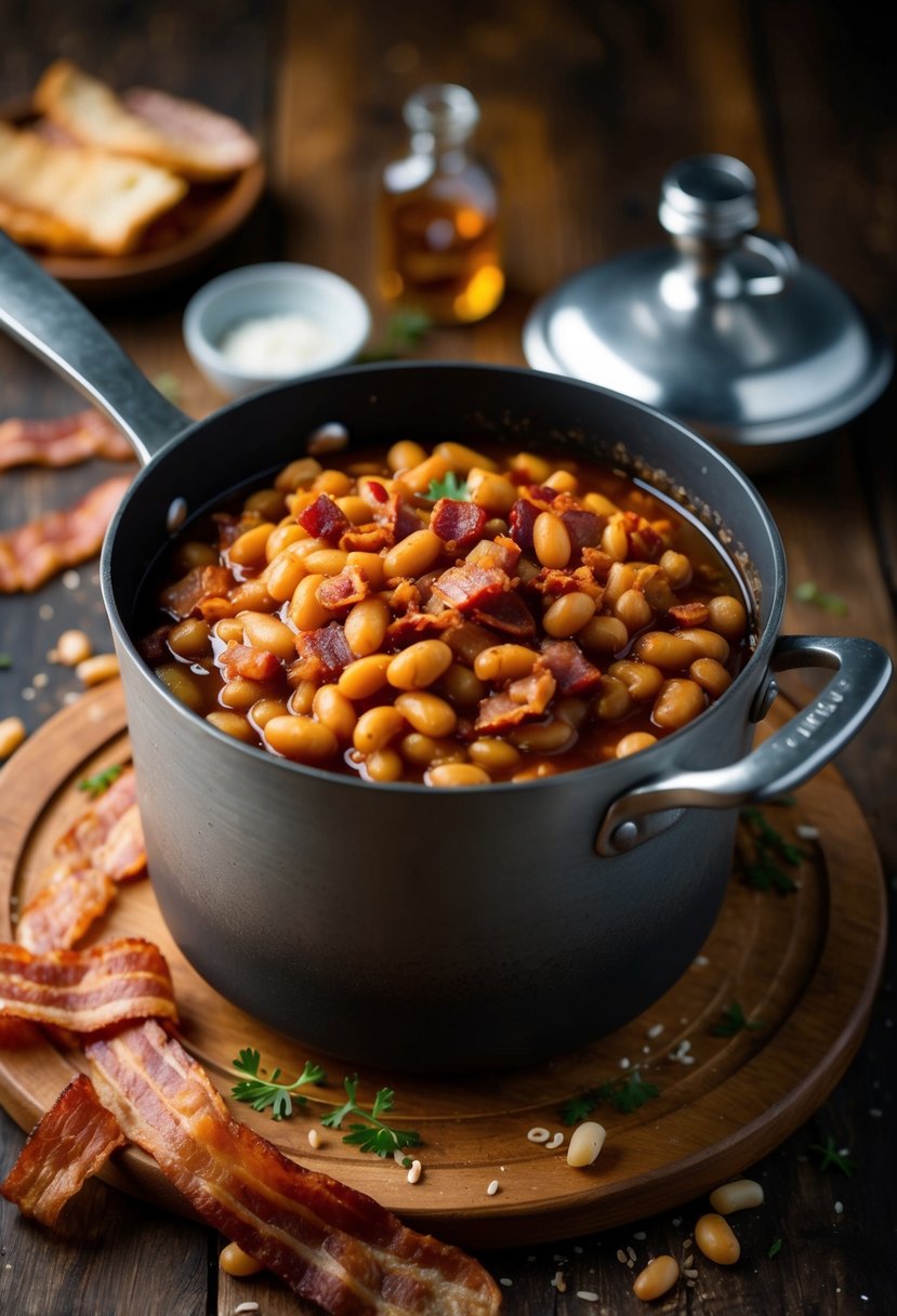 A rustic bean pot bubbling with maple bacon baked beans, surrounded by scattered ingredients like bacon strips and maple syrup