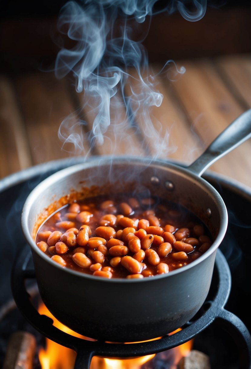 A rustic bean pot simmering over an open flame, filled with sweet and spicy barbecue beans. Smoke rises from the pot, adding to the mouthwatering aroma