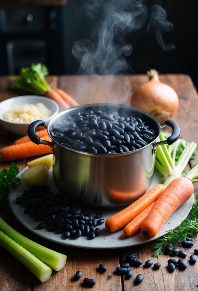 A steaming bean pot surrounded by fresh navy beans, carrots, celery, and onions on a rustic kitchen table