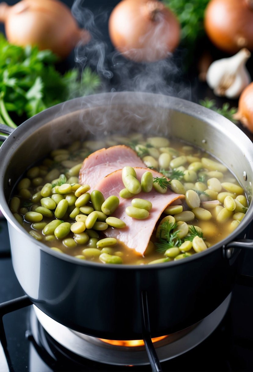 A steaming pot of Lima beans and ham simmering on a stove, surrounded by fresh ingredients like onions, garlic, and herbs