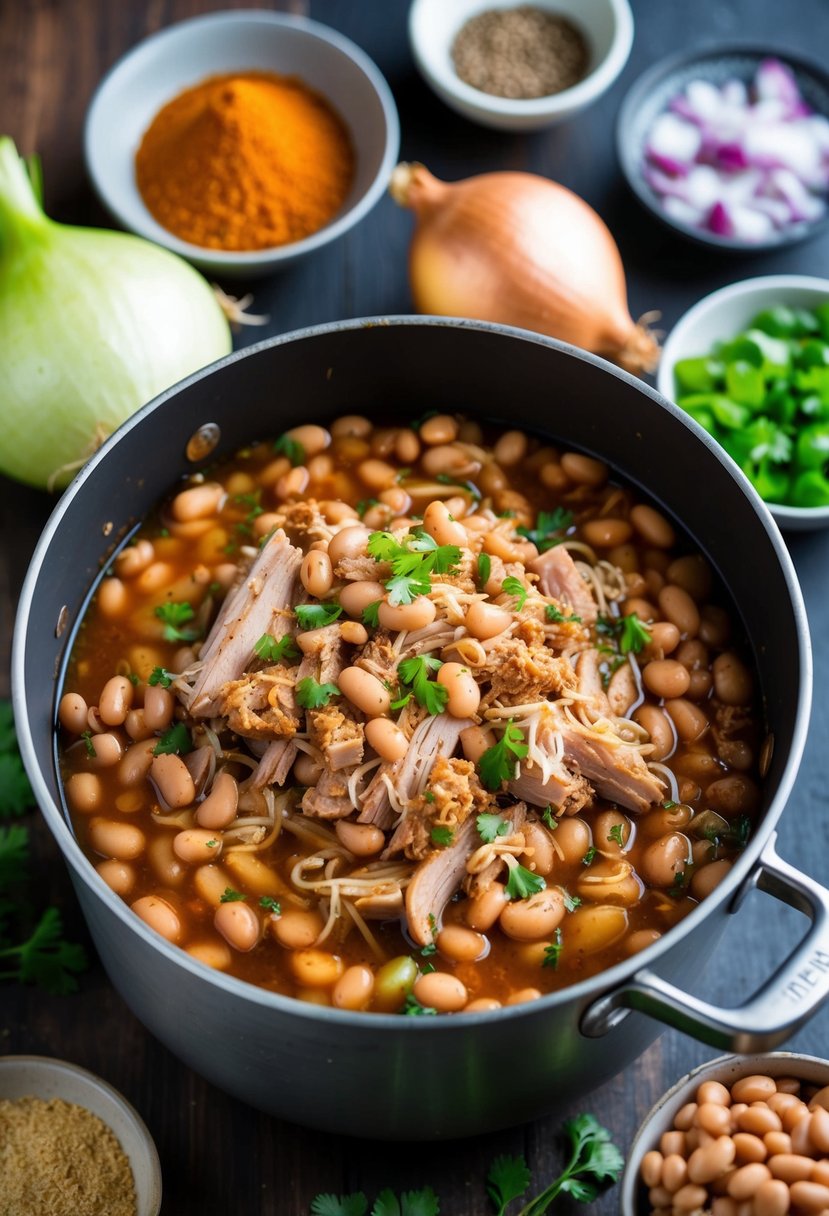 A bean pot filled with tender pulled pork surrounded by various ingredients like beans, onions, and spices, ready to be cooked