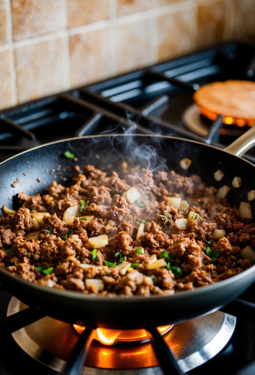 A sizzling skillet with ground beef, onions, and spices cooking over a stovetop flame