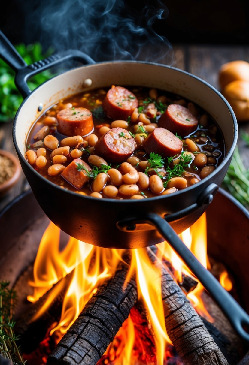 A rustic bean pot simmering over a crackling fire, filled with hearty chunks of sausage and colorful beans, surrounded by aromatic herbs and spices