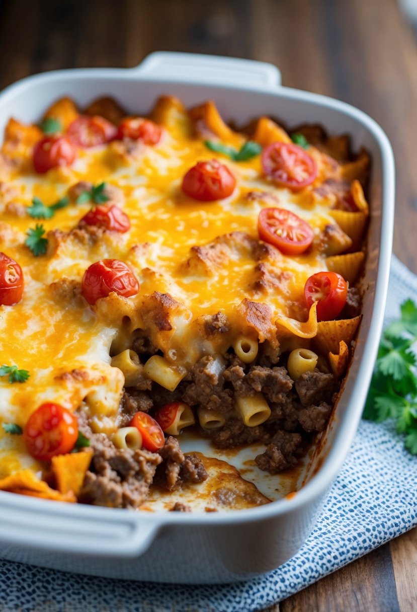 A bubbling casserole dish filled with layers of cheesy beef, tomatoes, and pasta, topped with a golden-brown crust