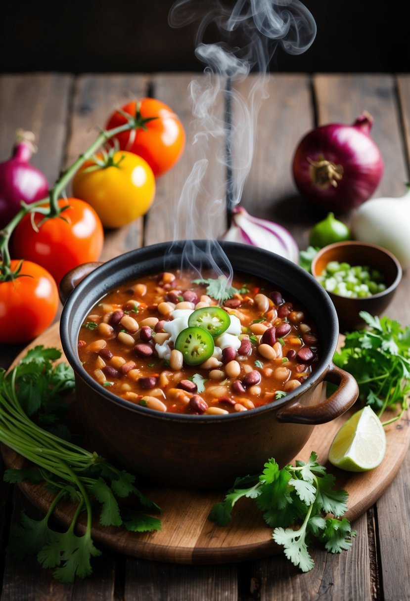 A rustic bean pot sits on a wooden table surrounded by colorful ingredients like tomatoes, onions, and cilantro. Steam rises from the savory pinto bean dip inside