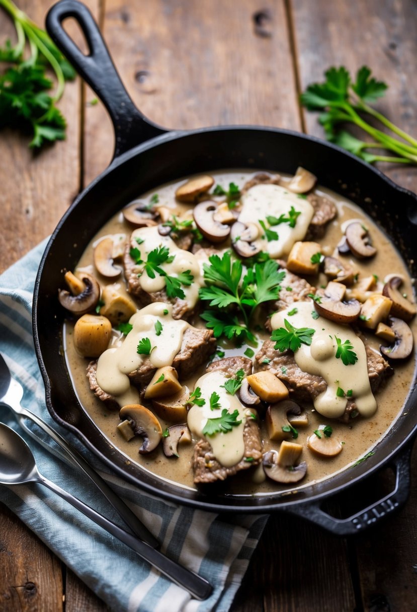 A sizzling skillet of beef stroganoff with mushrooms and creamy sauce, garnished with fresh parsley, sits on a rustic wooden table