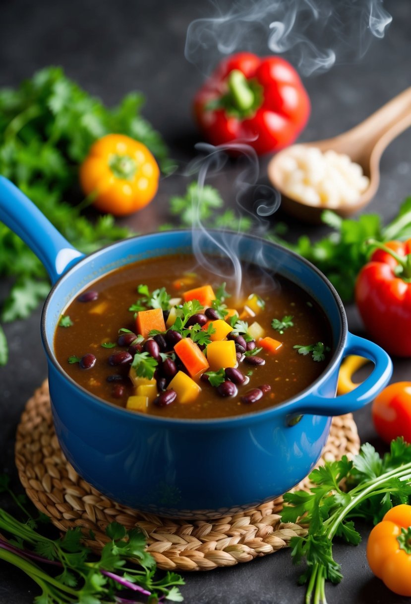 A steaming pot of zesty black bean soup surrounded by colorful vegetables and herbs