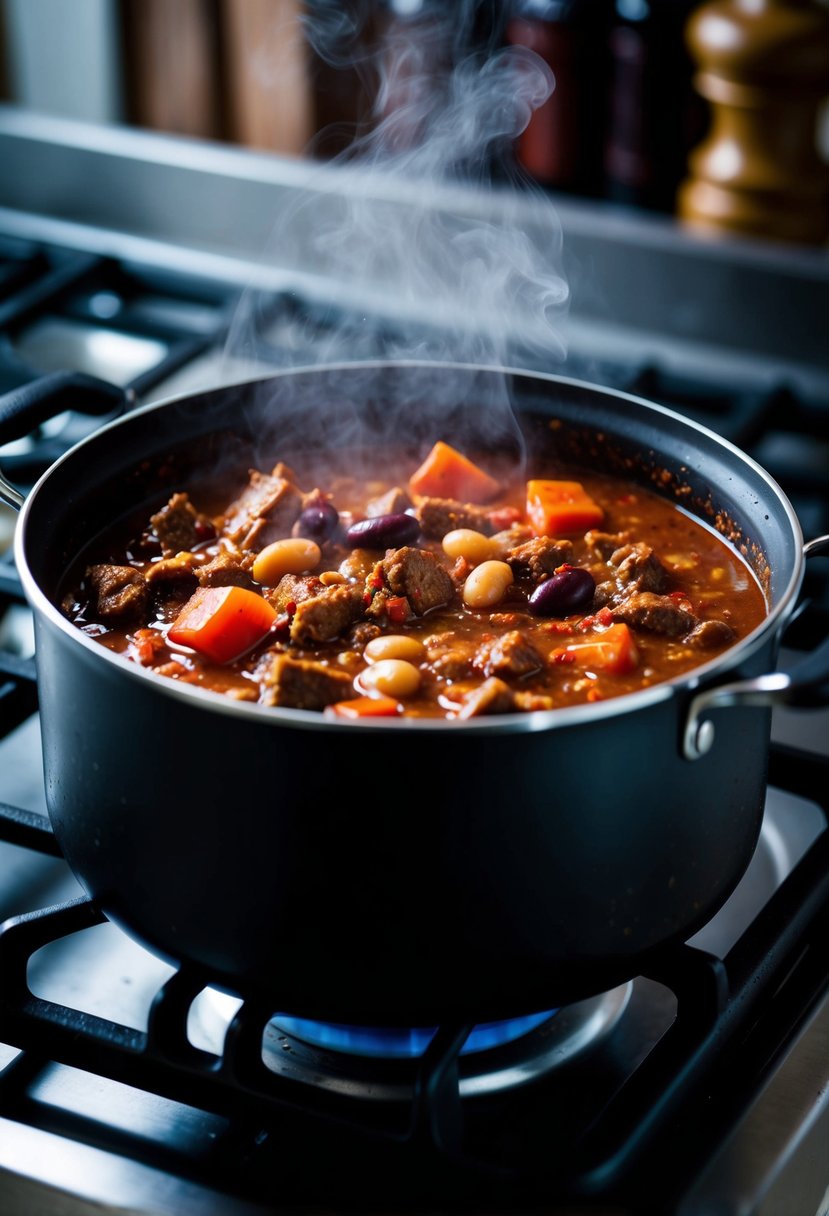 A steaming pot of chili simmering on a stovetop, with chunks of beef, beans, and tomatoes, emitting a rich, savory aroma