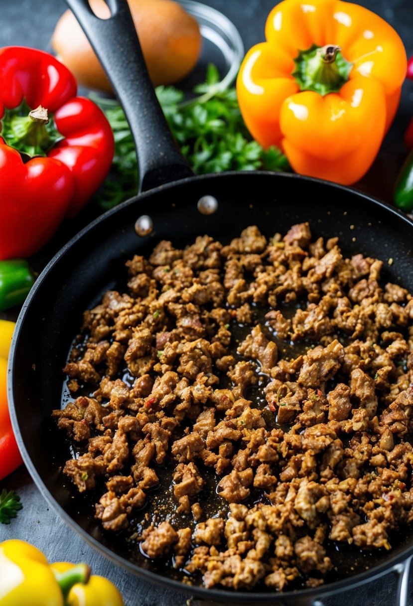 A skillet sizzling with browned ground beef, surrounded by colorful bell peppers and other fresh ingredients