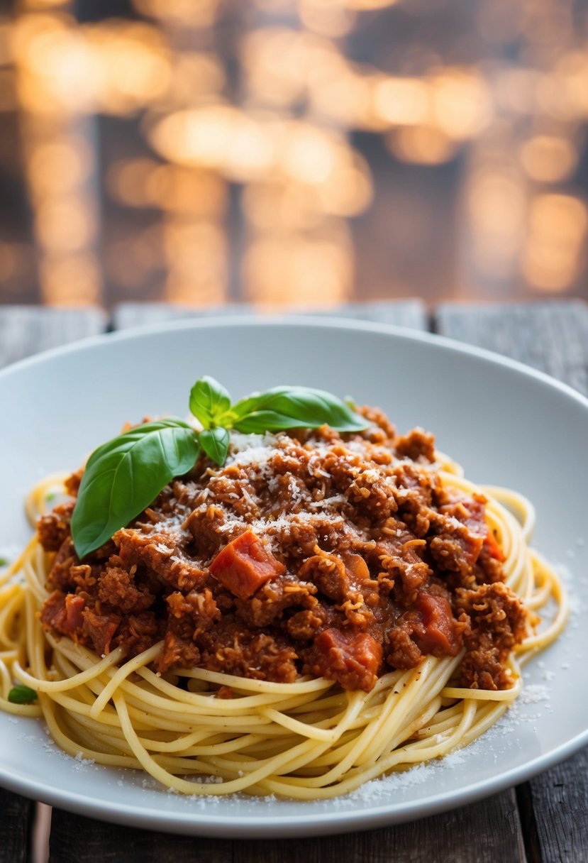 A steaming plate of spaghetti topped with rich, meaty Bolognese sauce, garnished with fresh basil leaves and a sprinkle of grated Parmesan cheese