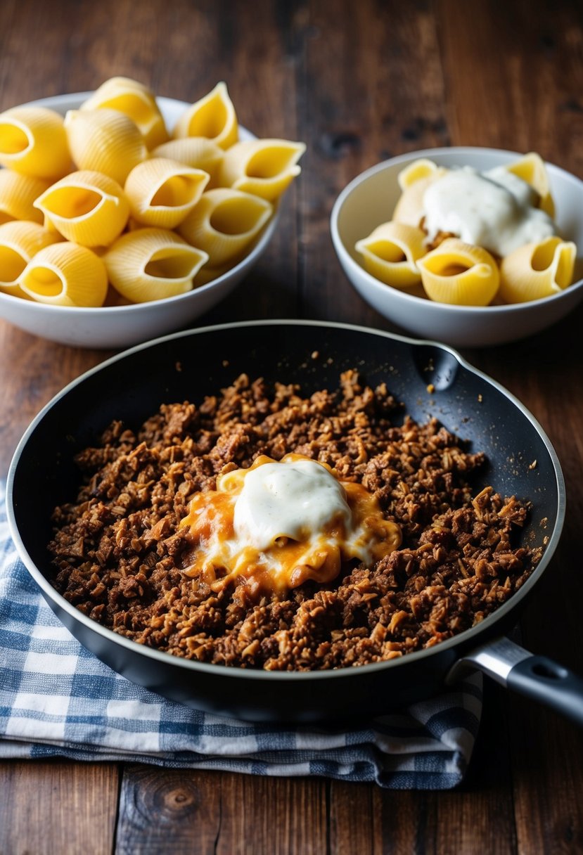 A sizzling skillet of ground beef and spices next to a bowl of cooked pasta shells, ready to be stuffed and topped with melted cheese