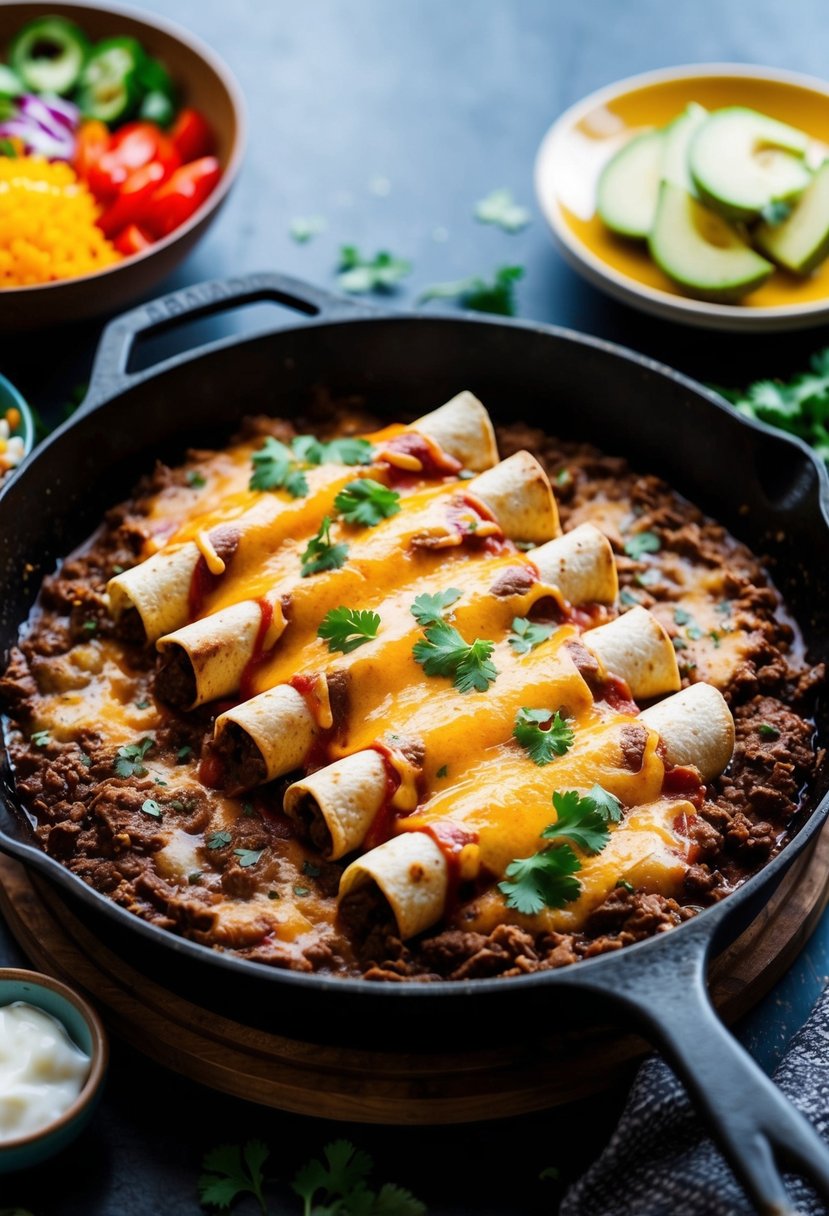 A sizzling skillet of beef enchiladas, topped with melted cheese and surrounded by colorful garnishes