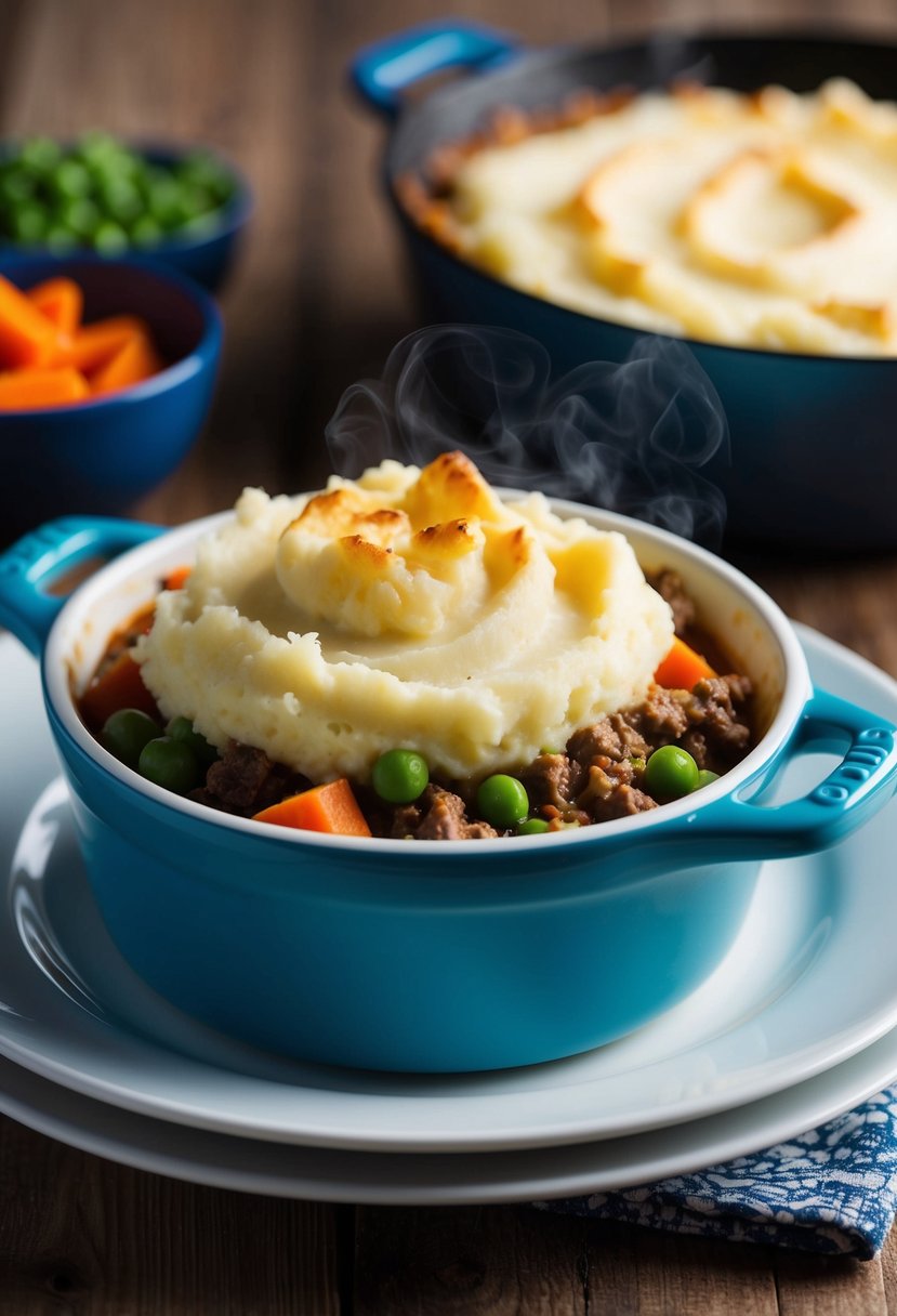 A steaming dish of shepherd's pie, topped with creamy mashed potatoes and filled with savory ground beef, carrots, and peas