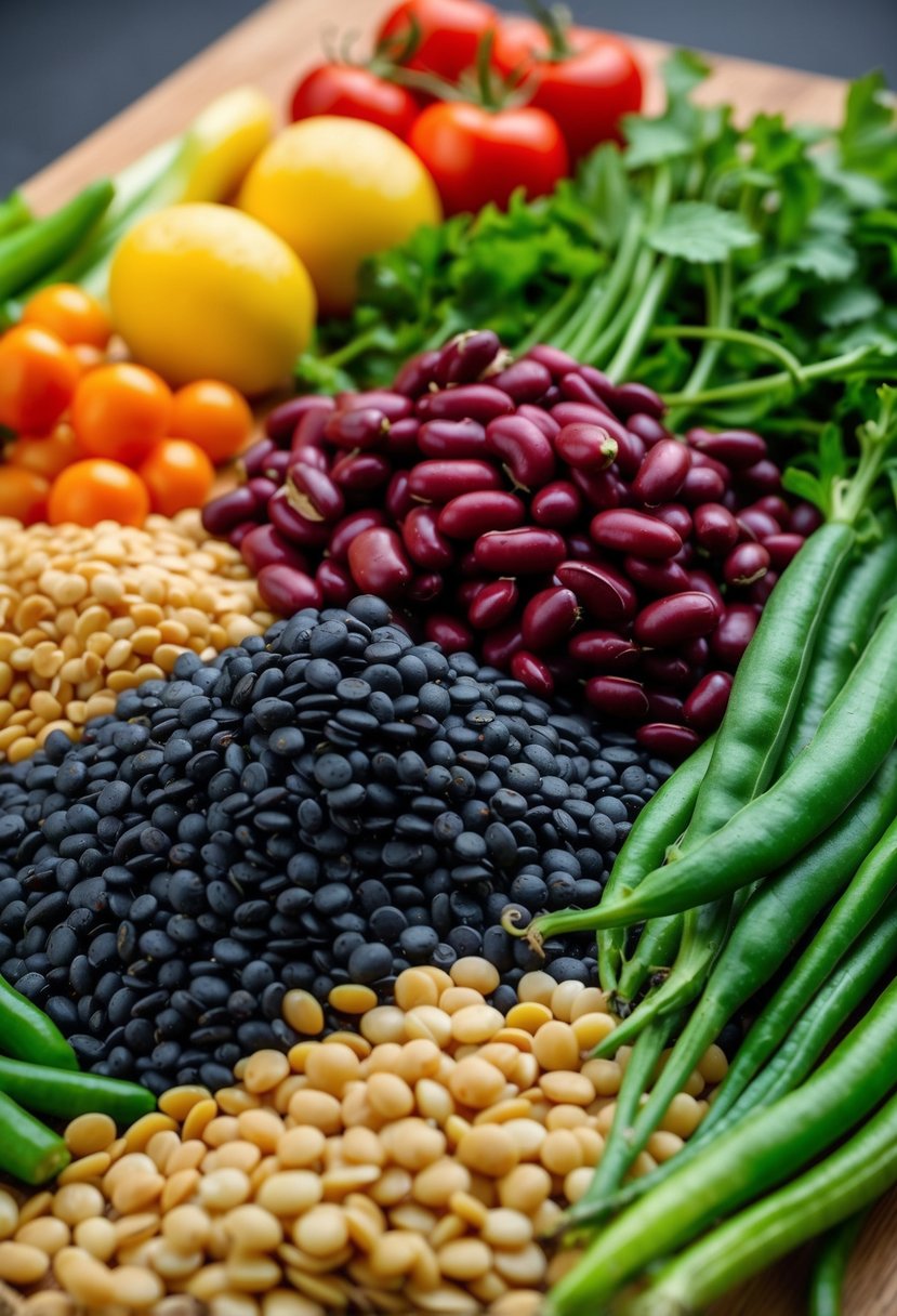 A colorful array of fresh beans, lentils, and vegetables arranged on a wooden cutting board