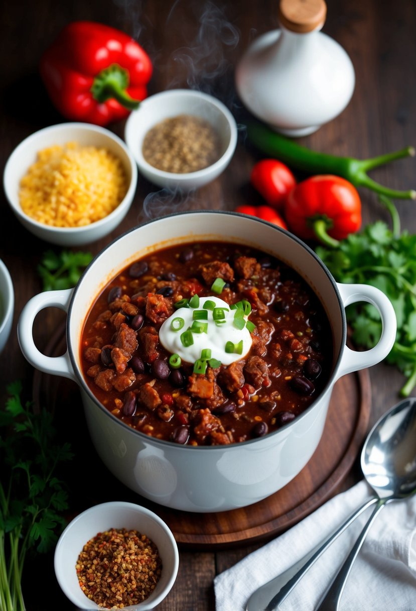 A steaming pot of spicy black bean chili surrounded by fresh ingredients and spices