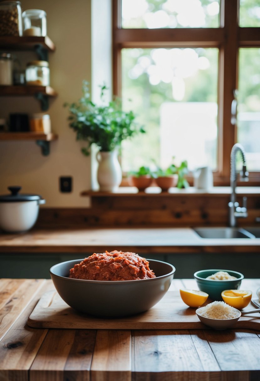 A rustic kitchen counter with ingredients and a mixing bowl for homemade beef meatloaf