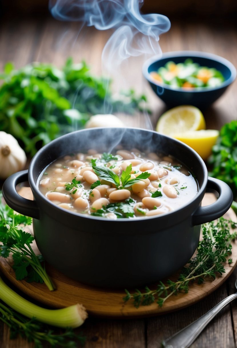 A steaming pot of smoky white bean soup surrounded by fresh herbs and vegetables