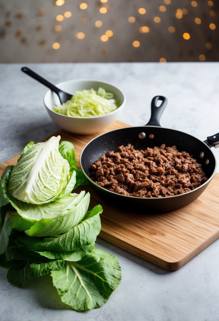 A skillet sizzling with seasoned ground beef next to a cutting board piled high with fresh cabbage leaves