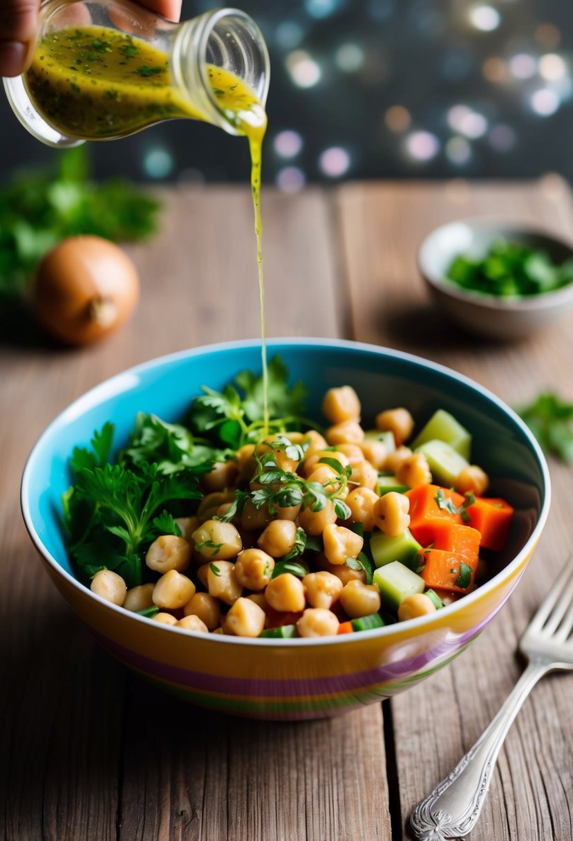 A colorful bowl filled with chickpeas, diced vegetables, and fresh herbs, drizzled with a tangy vinaigrette