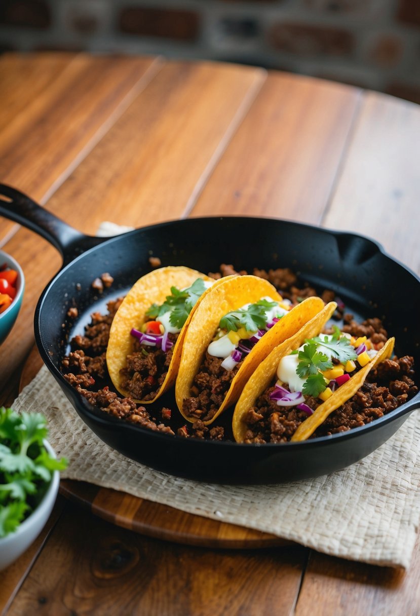 A sizzling skillet of ground beef tacos with colorful toppings on a wooden table