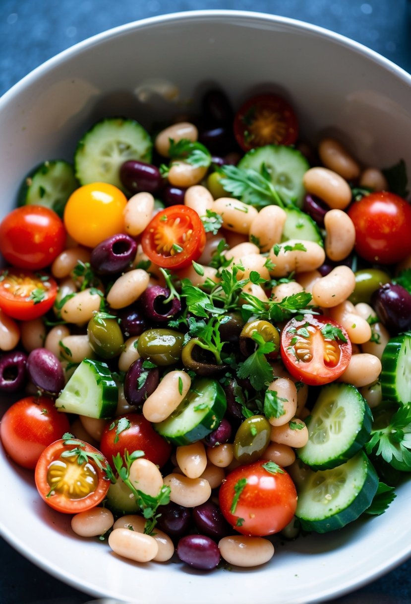 A colorful bowl filled with mixed beans, cherry tomatoes, cucumber, olives, and fresh herbs, drizzled with a tangy vinaigrette