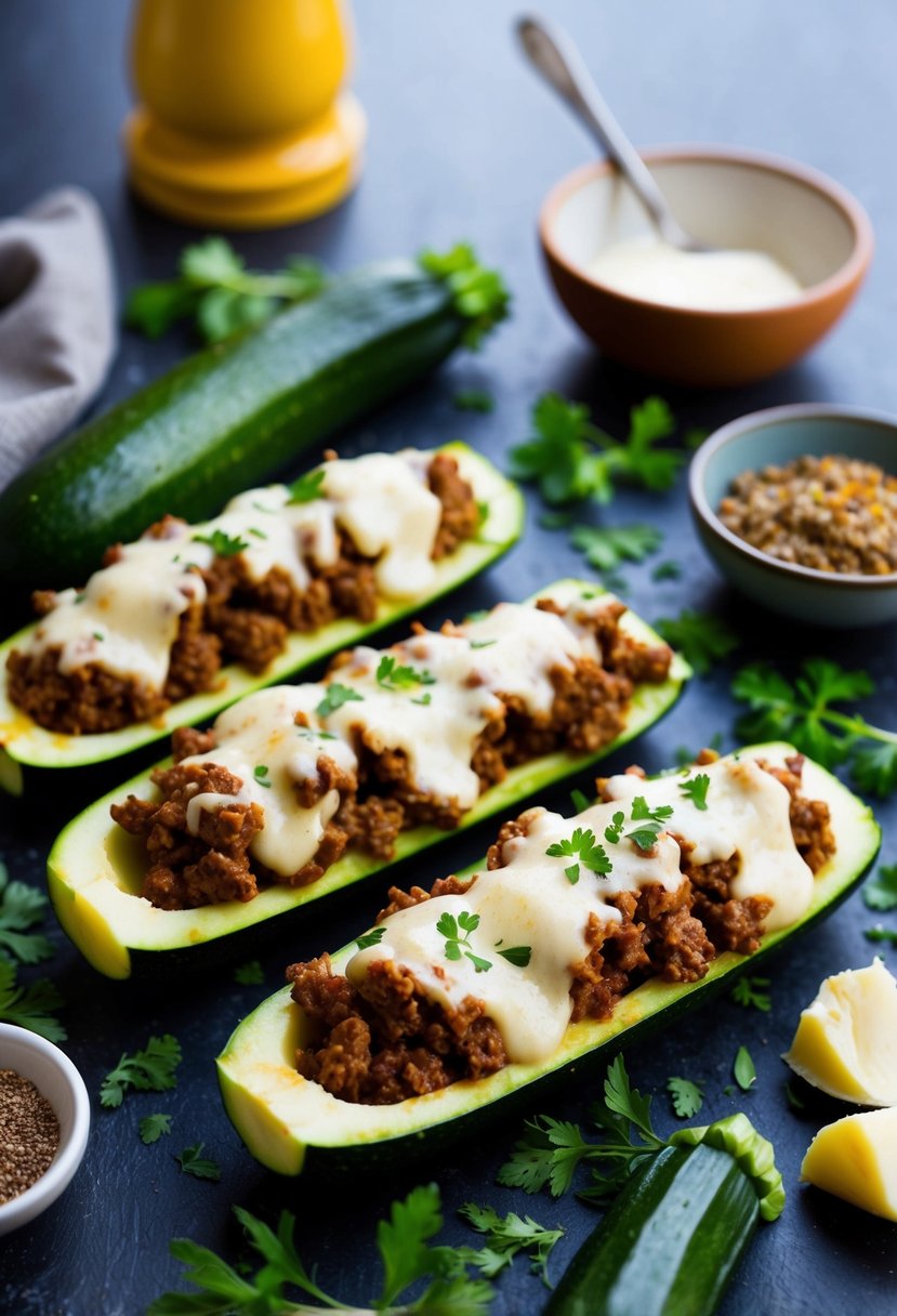 Zucchini boats filled with seasoned ground beef, topped with melted cheese, and surrounded by fresh herbs and spices