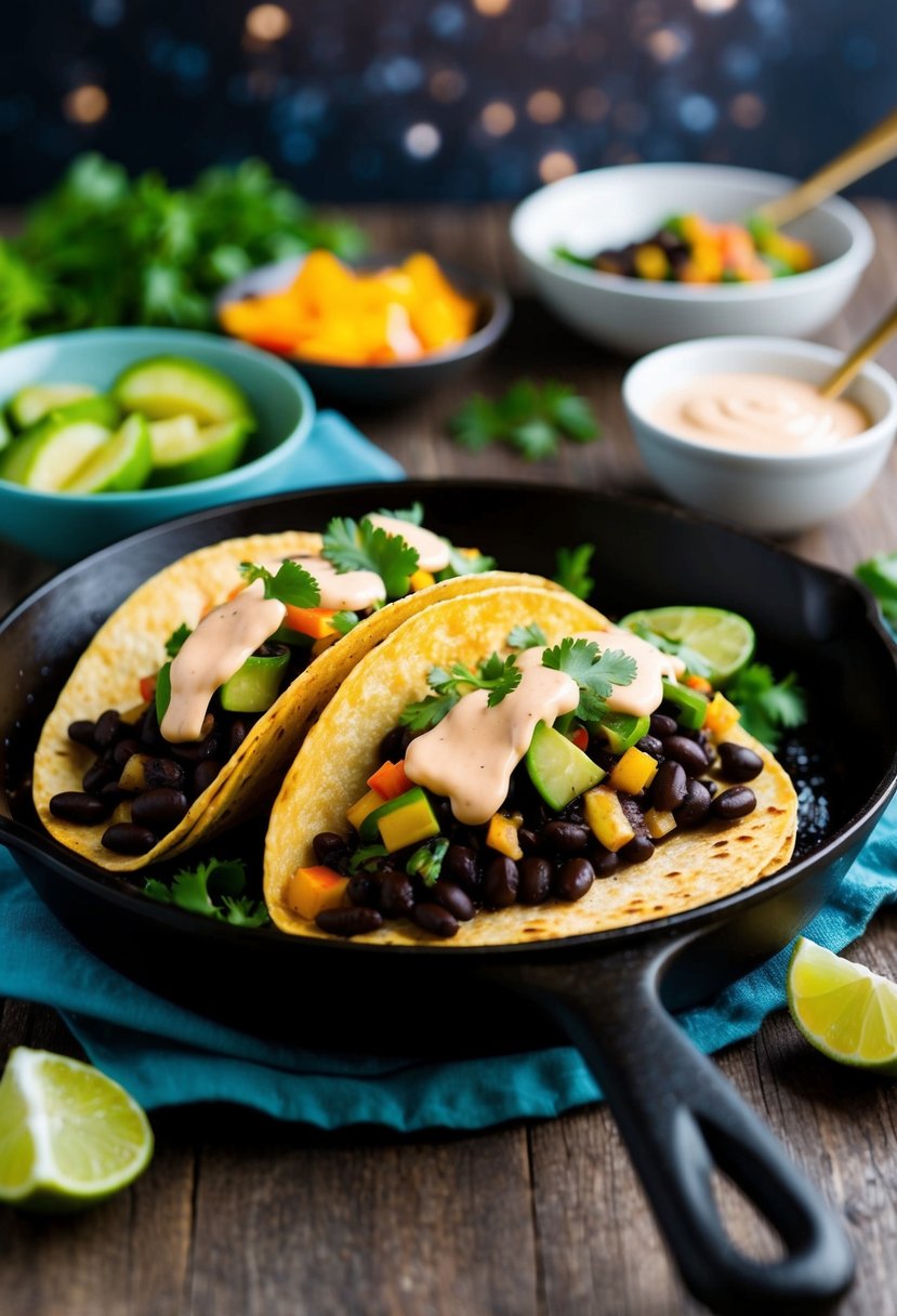 A sizzling skillet of black bean tacos topped with fresh veggies and drizzled with creamy vegan sauce