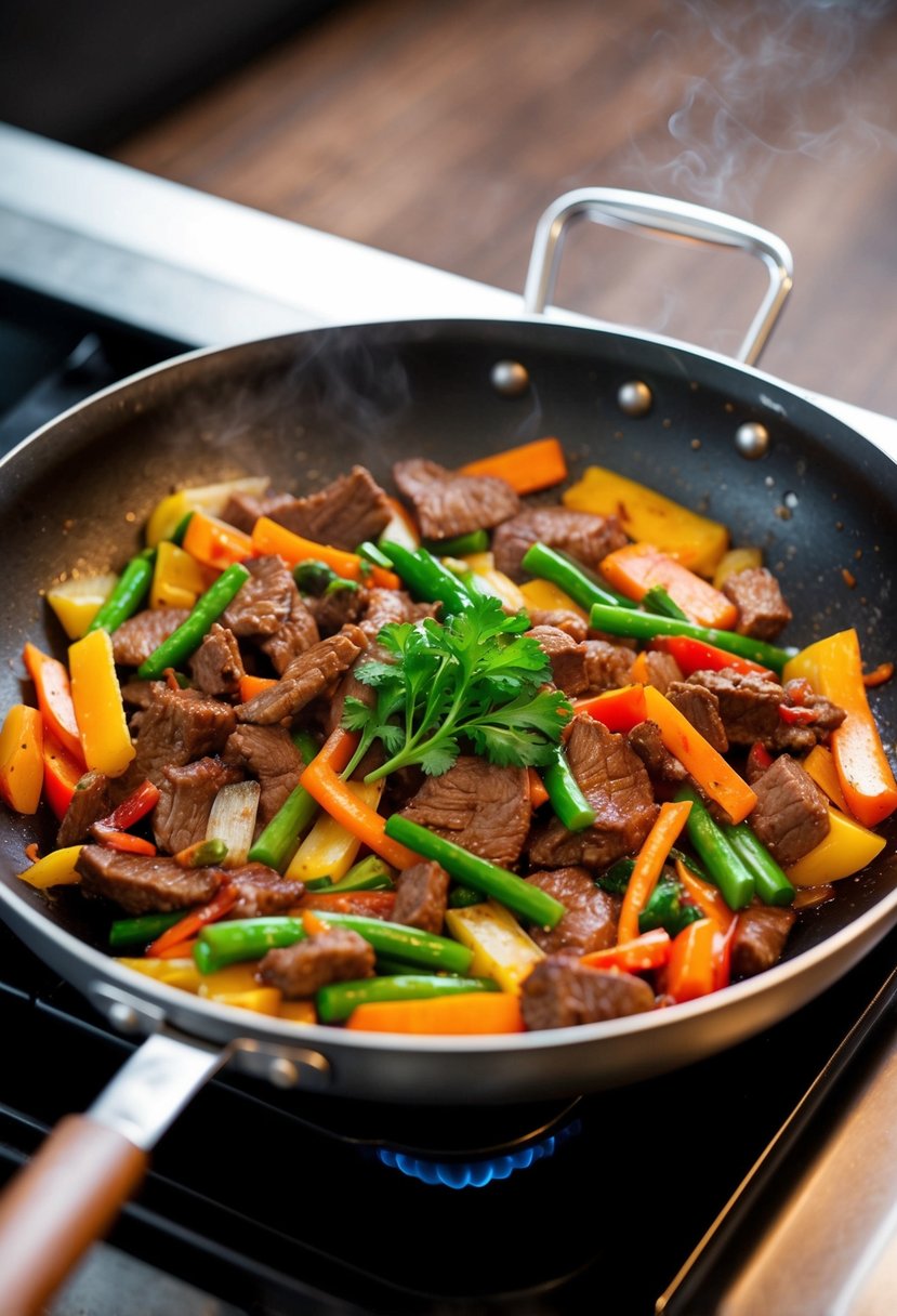 A sizzling stir fry pan with beef and colorful vegetables cooking over high heat