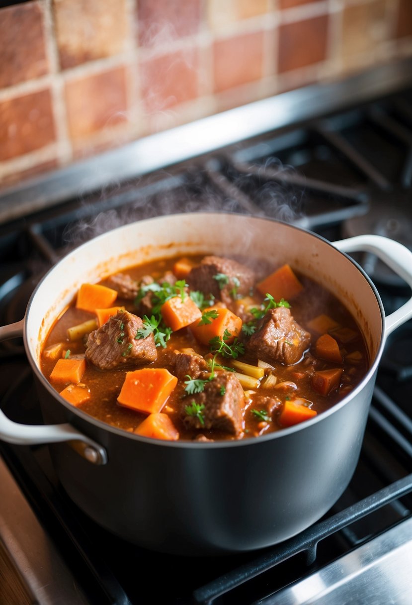 A steaming pot of beef goulash simmering on a stove, filled with chunks of tender meat, vegetables, and rich, savory sauce