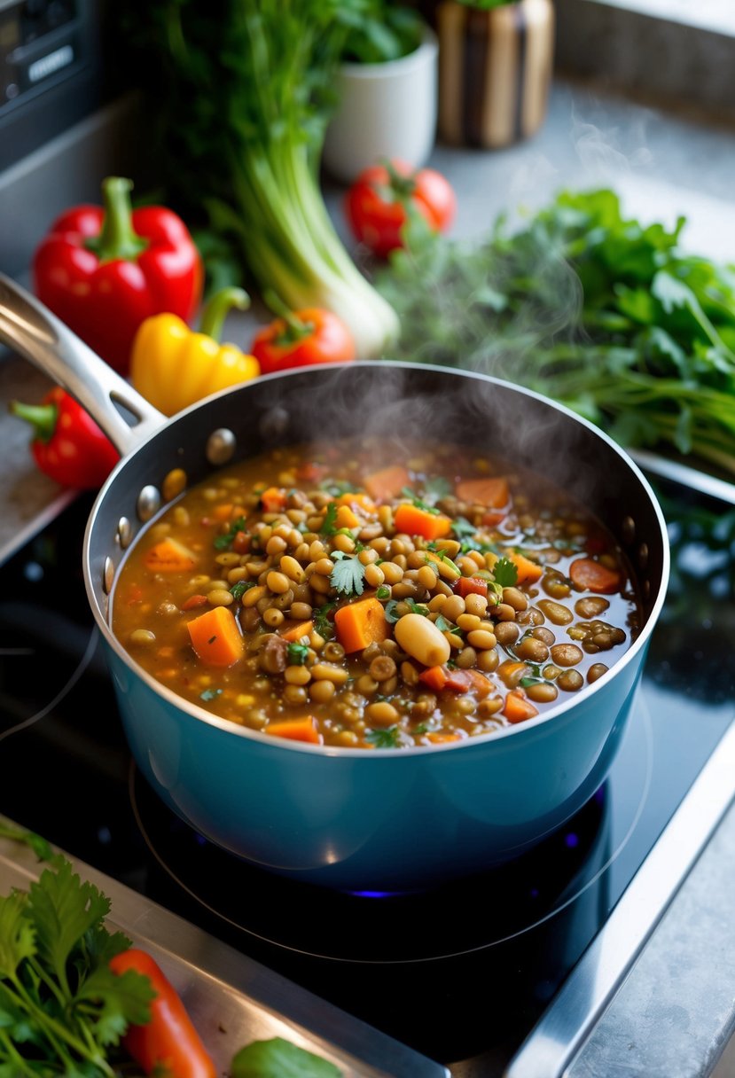 A steaming pot of hearty lentil-bean stew simmering on a stovetop, surrounded by colorful vegetables and herbs