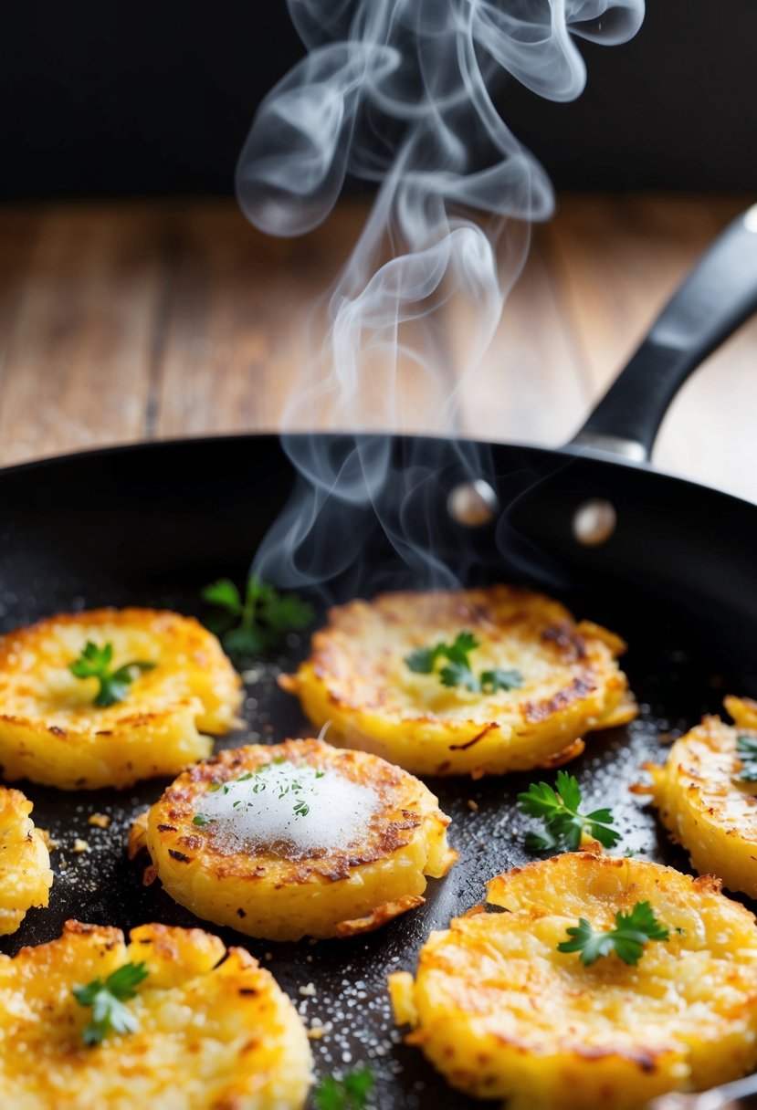 A sizzling pan with golden hash browns, steam rising. A sprinkle of salt and pepper, garnished with fresh herbs