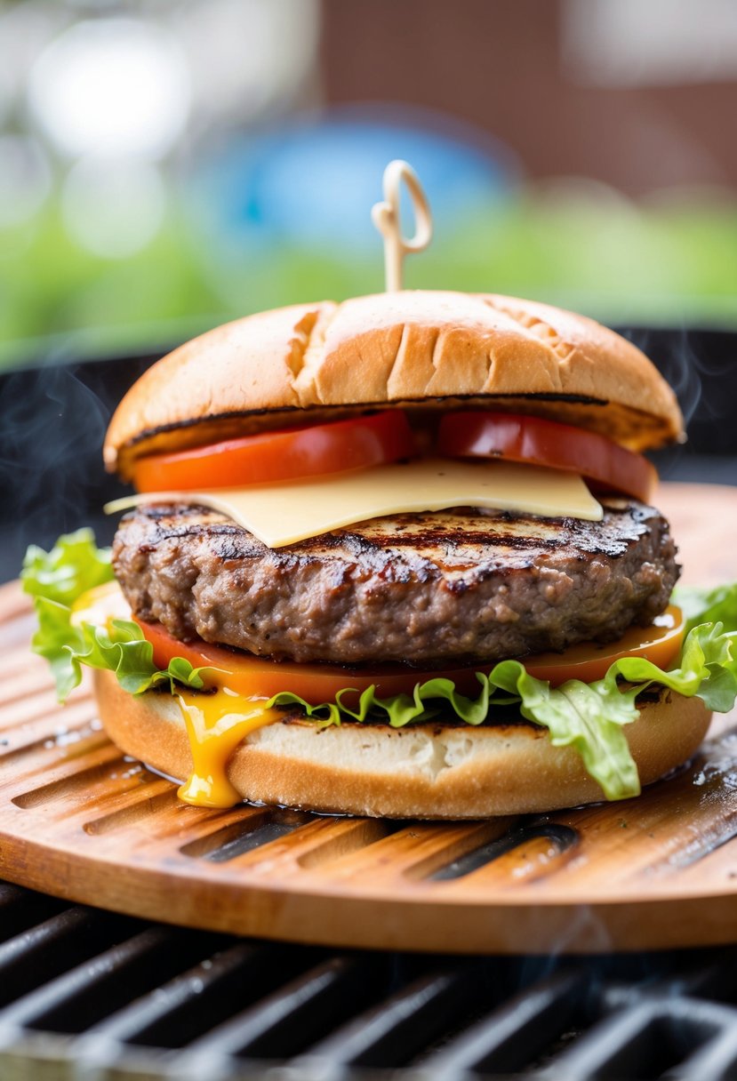 A sizzling beef patty on a grill with grill marks, topped with melting cheese, lettuce, tomato, and a toasted bun