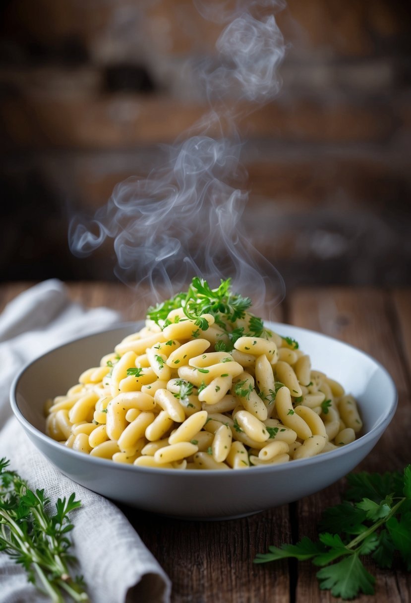 A steaming bowl of creamy cannellini bean pasta with fresh herbs on a rustic wooden table