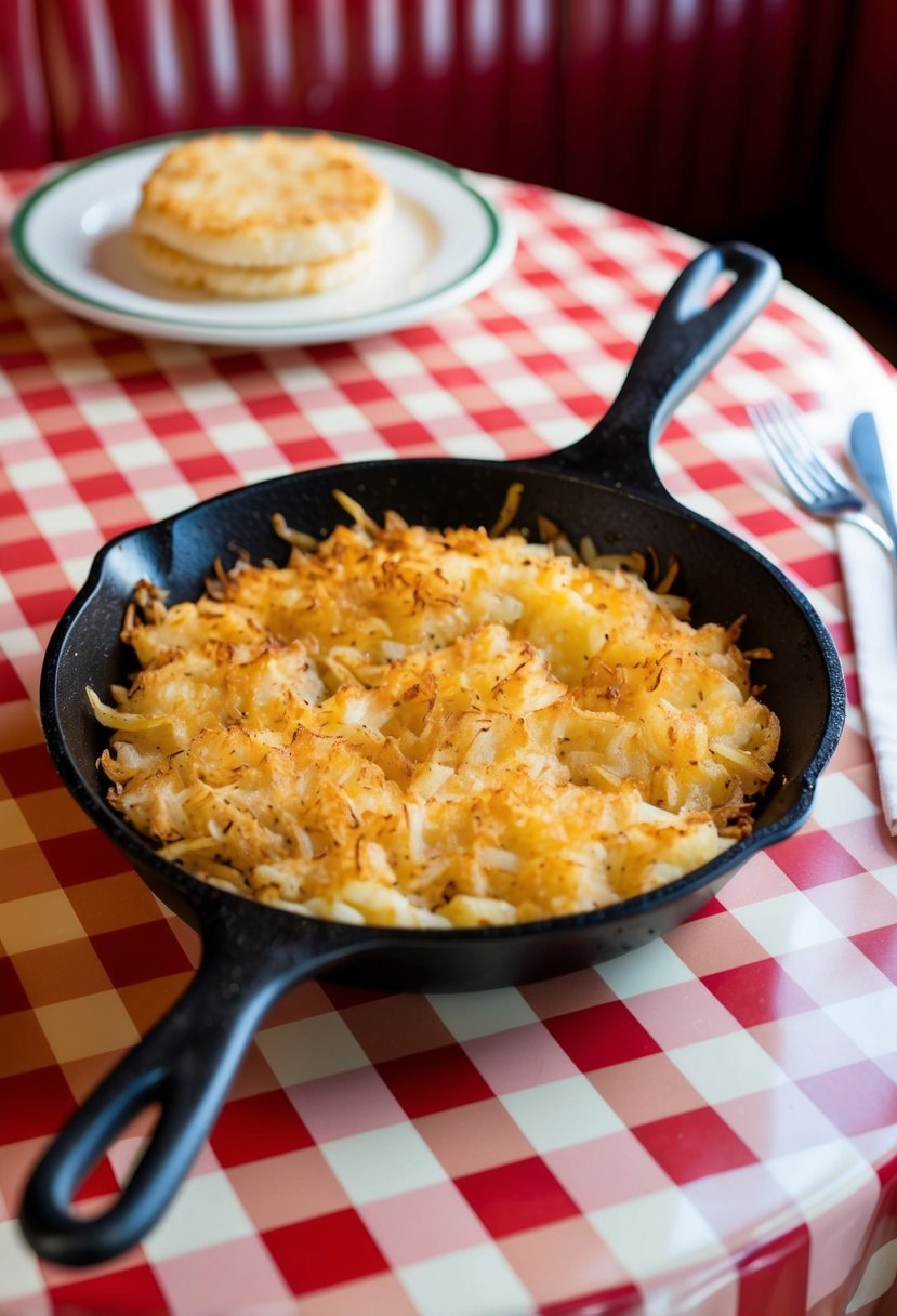 A sizzling skillet of golden-brown hash browns, crispy and perfectly seasoned, sits on a checkered tablecloth in a classic diner setting