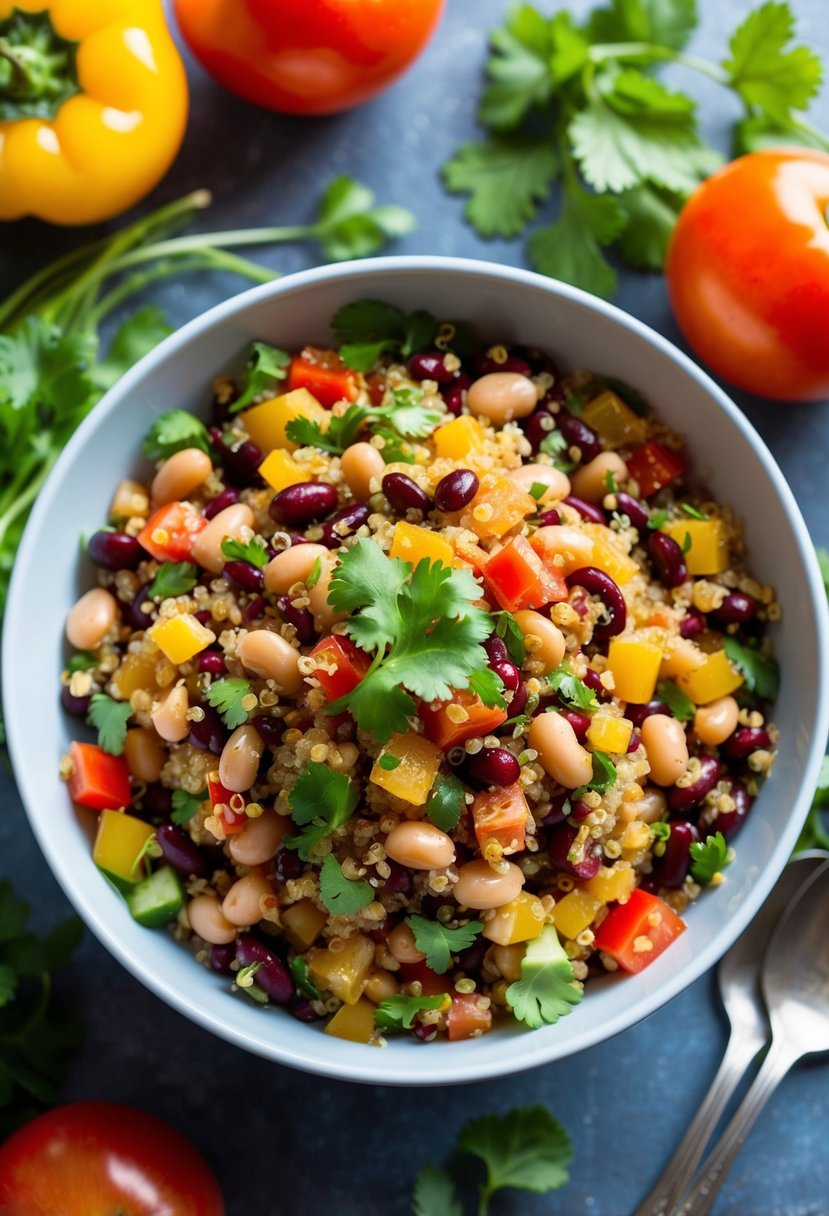 A colorful bowl of zesty bean and quinoa salad surrounded by fresh ingredients like tomatoes, bell peppers, and cilantro