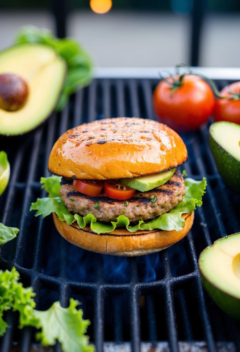 A sizzling bean burger on a grill, surrounded by fresh ingredients like lettuce, tomato, and avocado